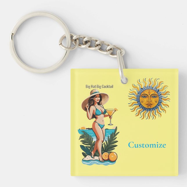 Bikini Babe Big Hat- Big Cocktail Thunder_Cove  Key Ring (Front)