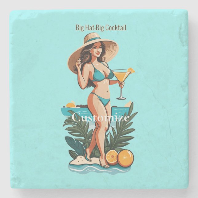 Bikini Babe Big Hat- Big Cocktail Thunder_Cove  Stone Coaster (Front)
