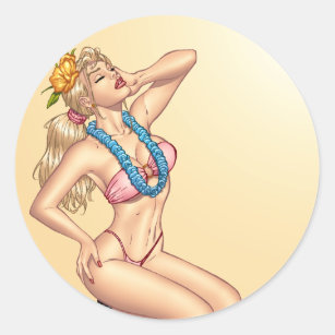 Bikini Blonde Pin-up Girl with Flowers by Al Rio Classic Round Sticker