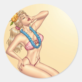 Bikini Blonde Pin-up Girl with Flowers by Al Rio Classic Round Sticker