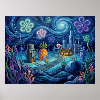 Bikini Bottom Starry Night Underwater Landscape Poster