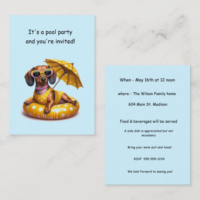 Bikini Dachshund Pool Party Card (Front/Back)