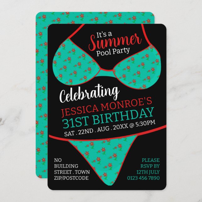 Bikini Design, Summer Pool Party Birthday  Invitation (Front/Back)