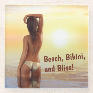 Bikini Girl Posing in the Sea at Sunset Glass Coaster