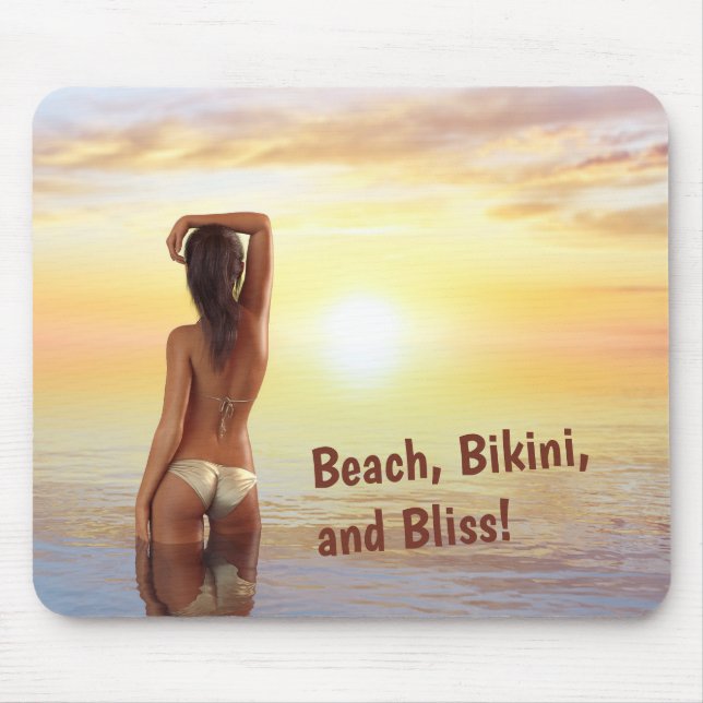 Bikini Girl Posing in the Sea at Sunset Mouse Pad (Front)