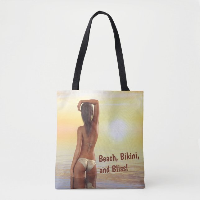 Bikini Girl Posing in the Sea at Sunset Tote Bag (Front)