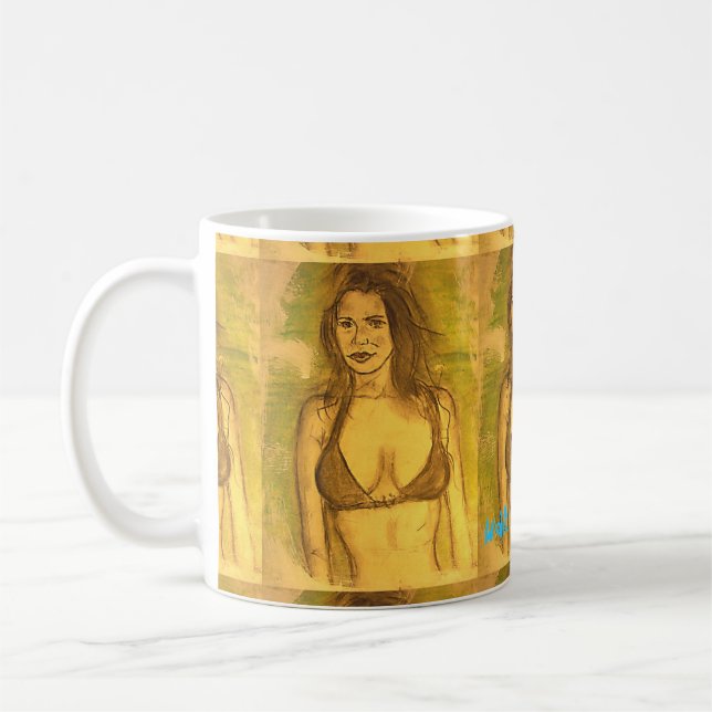 bikini girl walk the beach coffee mug (Left)