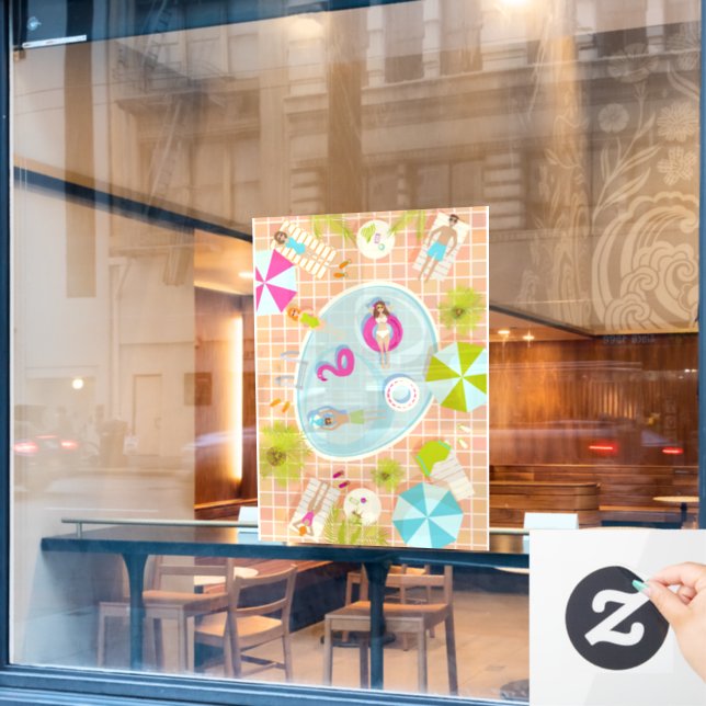Bikini girls and guys playing swimming pool game (Cafe Window)