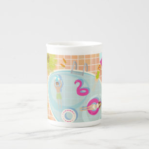 Bikini girls and guys playing swimming pool game bone china mug