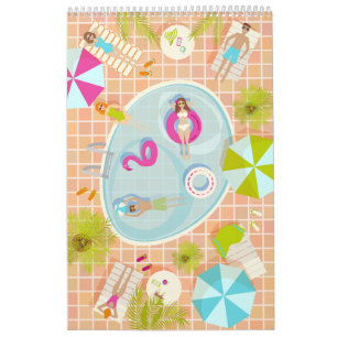 Bikini girls and guys playing swimming pool game calendar