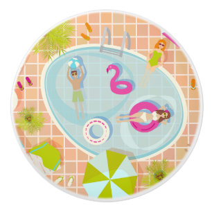 Bikini girls and guys playing swimming pool game ceramic knob