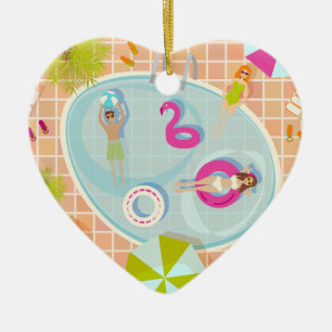 Bikini girls and guys playing swimming pool game ceramic ornament
