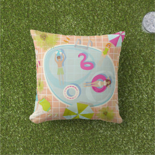 Bikini girls and guys playing swimming pool game cushion