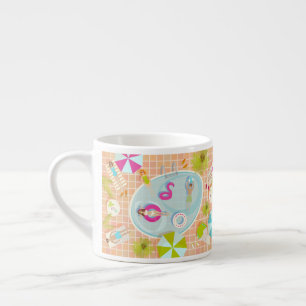 Bikini girls and guys playing swimming pool game espresso cup