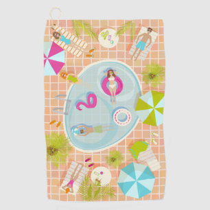 Bikini girls and guys playing swimming pool game golf towel