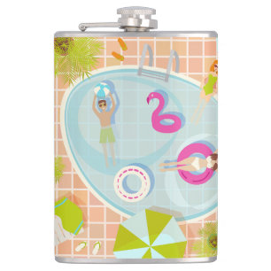 Bikini girls and guys playing swimming pool game hip flask