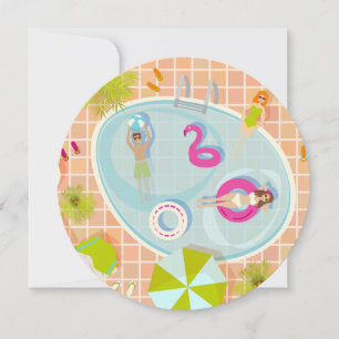 Bikini girls and guys playing swimming pool game holiday card