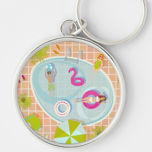 Bikini girls and guys playing swimming pool game key ring (Front)