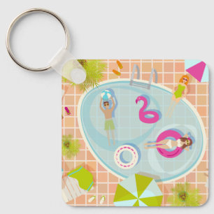 Bikini girls and guys playing swimming pool game key ring