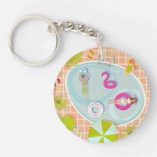 Bikini girls and guys playing swimming pool game key ring