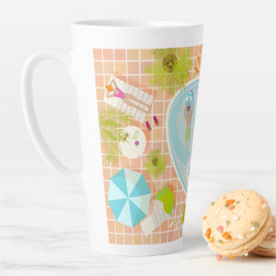 Bikini girls and guys playing swimming pool game latte mug