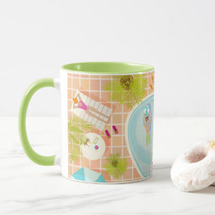 Bikini girls and guys playing swimming pool game mug