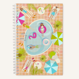 Bikini girls and guys playing swimming pool game notebook