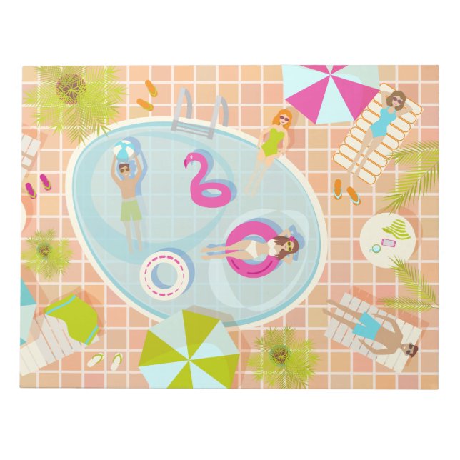 Bikini girls and guys playing swimming pool game notepad (Front)