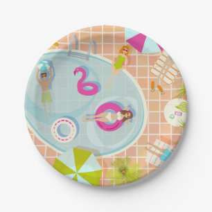 Bikini girls and guys playing swimming pool game paper plate