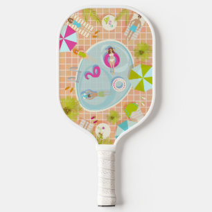 Bikini girls and guys playing swimming pool game pickleball paddle