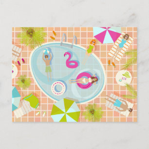 Bikini girls and guys playing swimming pool game postcard