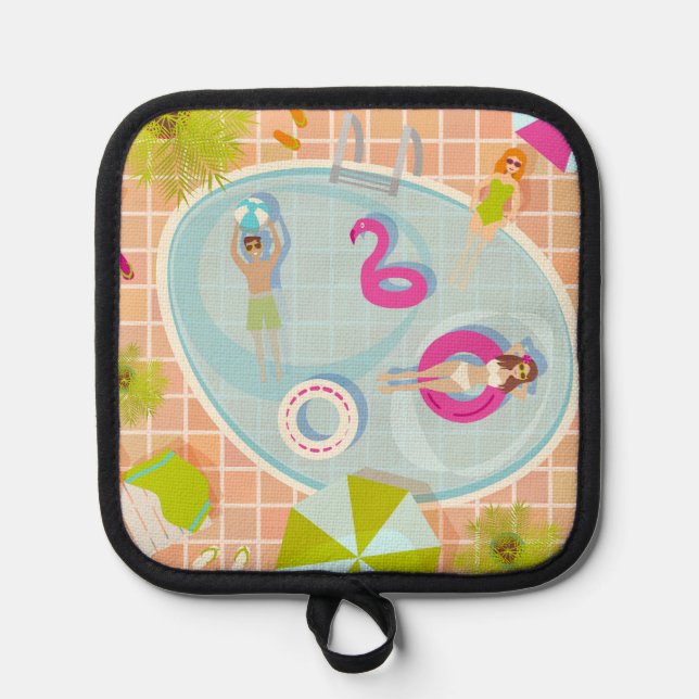Bikini girls and guys playing swimming pool game pot holder (Front)