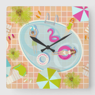 Bikini girls and guys playing swimming pool game square wall clock