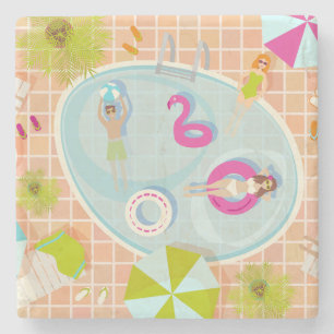 Bikini girls and guys playing swimming pool game stone coaster