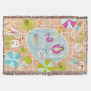 Bikini girls and guys playing swimming pool game throw blanket