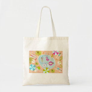Bikini girls and guys playing swimming pool game tote bag