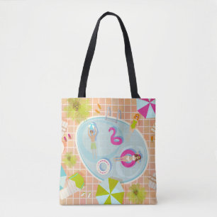 Bikini girls and guys playing swimming pool game tote bag