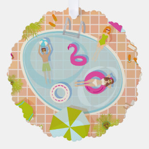 Bikini girls and guys playing swimming pool game tree decoration card