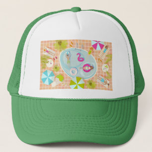 Bikini girls and guys playing swimming pool game trucker hat