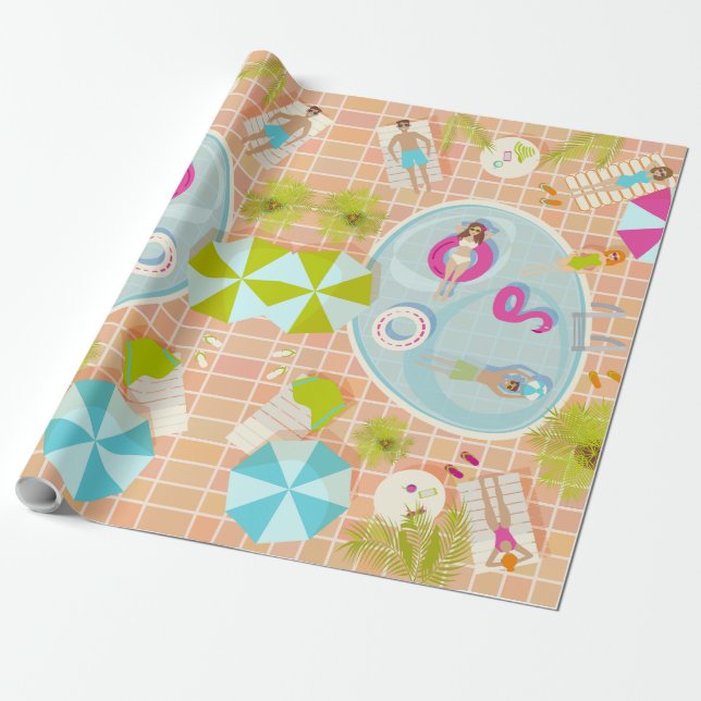 Bikini girls and guys playing swimming pool game wrapping paper (Unrolled)