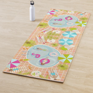 Bikini girls and guys playing swimming pool game yoga mat