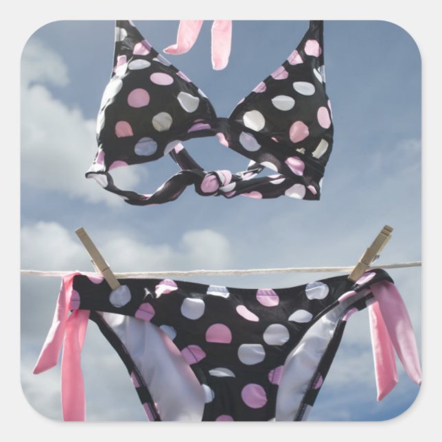 Bikini Hanging On A Clothesline Square Sticker (Front)