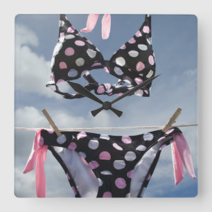 Bikini Hanging On A Clothesline Square Wall Clock