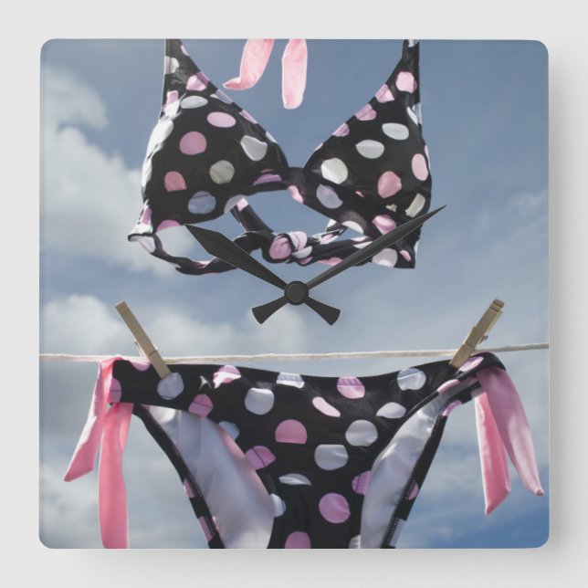 Bikini Hanging On A Clothesline Square Wall Clock (Front)