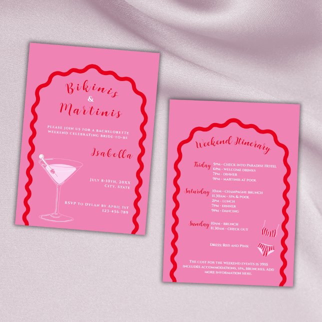 Bikinis And Martinis Pink Bachelorette Weekend  Invitation (bikinis and martinis bachelorette party invitation pink and red weekend itinerary)