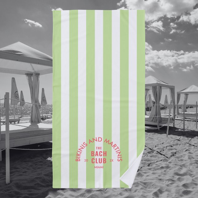 Bikinis And Martinis The Bach Club Green Stripe Beach Towel (Creator Uploaded)