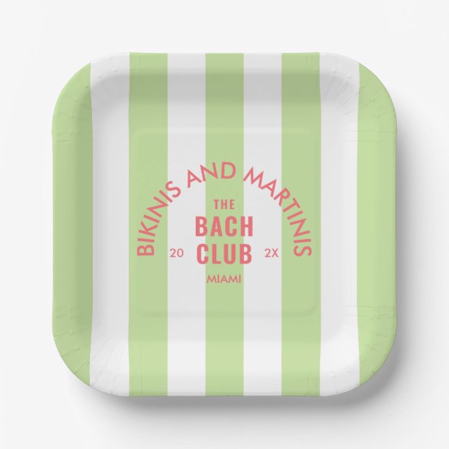 Bikinis And Martinis The Bach Club Green Stripe Paper Plate (Front)