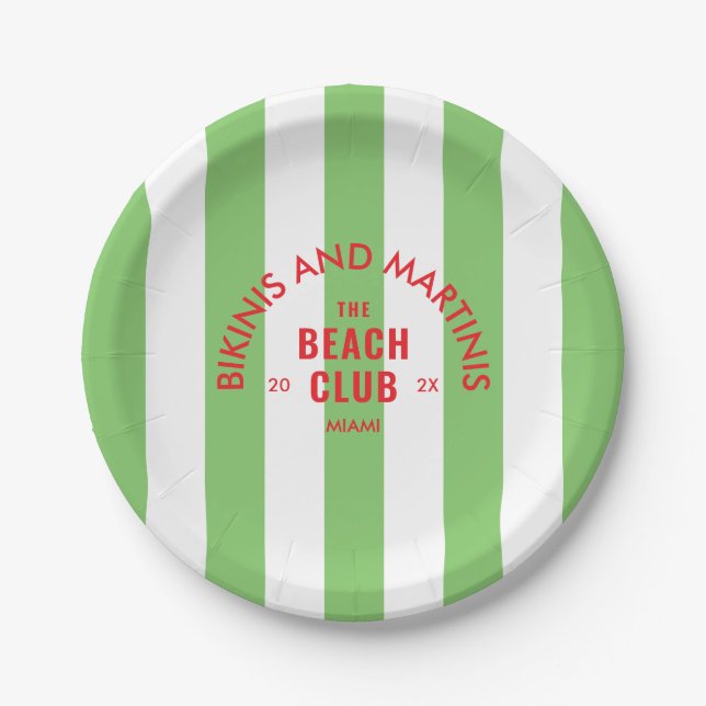 Bikinis And Martinis The Beach Club Green Stripe Paper Plate (Front)