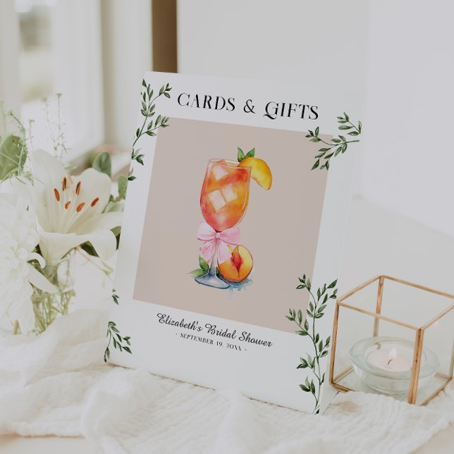 Bikinis & Bellinis Peach Bridal Shower Cards Gifts Pedestal Sign (Creator Uploaded)