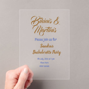 bikinis & martinis bachelorette party name brown acrylic invitations